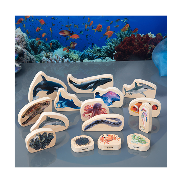 Bloques madera animales marinos. Set de 15