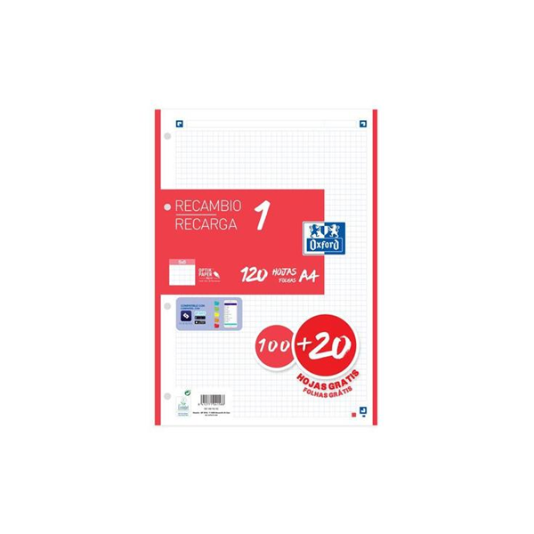 Recambio Oxford 100 h. Scribzee 4 tal. cuad. 5x5 90 g Rojo