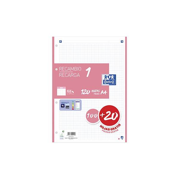 Recambio Oxford 100 h. Scribzee 4 tal. cuad. 5x5 90 g Rosa