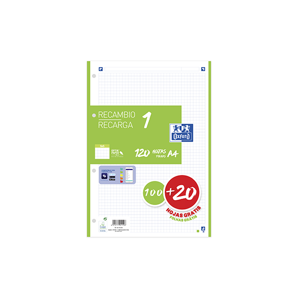 Recambio Oxford 100 h. Scribzee 4 tal. cuad. 5x5 90 g Verde c.