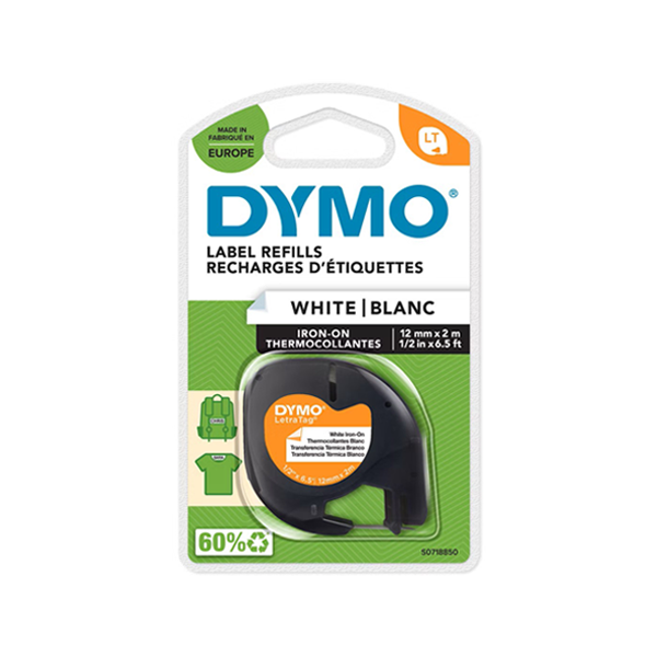 Cinta Letratag Iron-On ropa 12 mm x 2 m Negro/Blanco