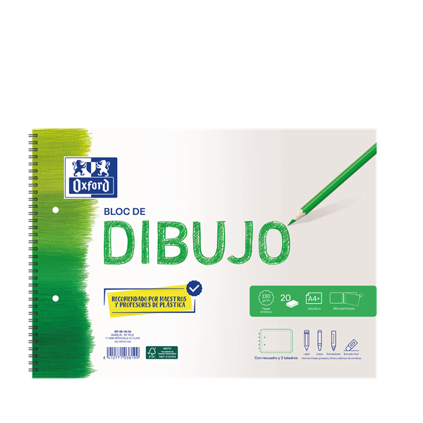 Bloc dibujo Oxford A4+ 20 h microperf. 2 taladros recuadro
