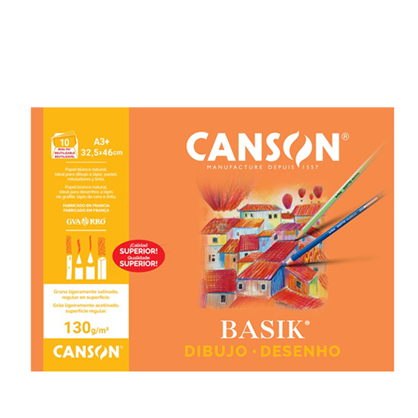Láminas A3+ liso 130 g Canson Basik. Minpack 10 h.