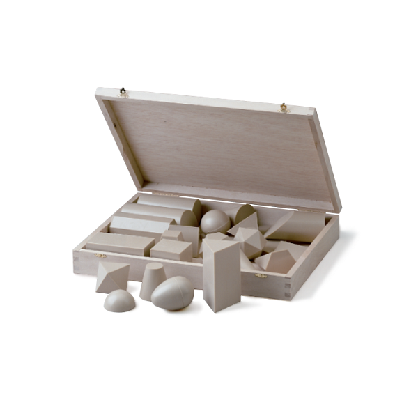 Cuerpos geométricos plástico caja madera 25 u.