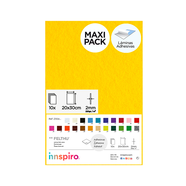 Plancha fieltro adhes. 20x30 cm Amarillo. Pack 10