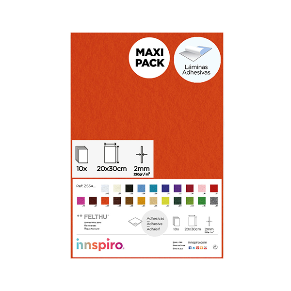 Plancha fieltro adhes. 20x30 cm Naranja. Pack 10
